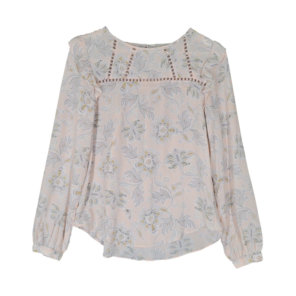 LOFT Blouse Womens XS Pink Paisley Crochet Ruffle Long Sleeve Top
